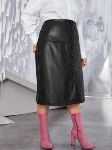 SHEIN Plus Button Front PU Leather Skirt - Black - View 6