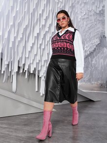 SHEIN Plus Button Front PU Leather Skirt - Black - View 7