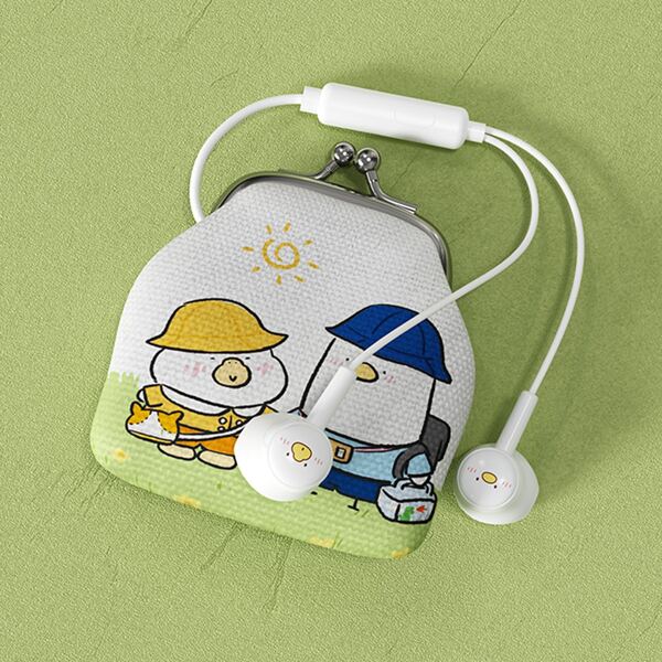 

Cartoon Animal Print In-ear Wired Earphone With Bag, White