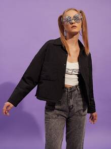 SHEIN EZwear 落肩贴袋夹棉大衣 - 黑色 - 查看 2