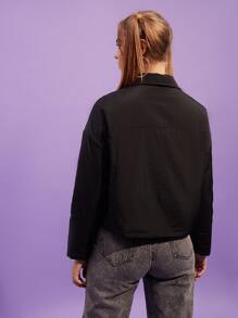 SHEIN EZwear 落肩贴袋夹棉大衣 - 黑色 - 查看 3