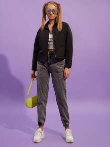 SHEIN EZwear 落肩贴袋夹棉大衣 - 黑色 - 查看 5