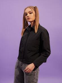 SHEIN EZwear 落肩贴袋夹棉大衣 - 黑色 - 查看 1