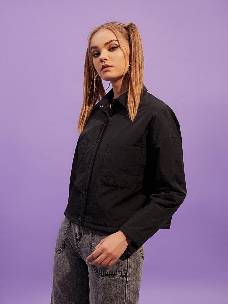 SHEIN EZwear 落肩贴袋夹棉大衣 - 黑色 - 查看 1