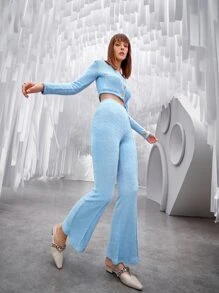 SHEIN MOD V Neck Button Front Dual Pocket Fuzzy Knit Crop Tee - Blue - View 5