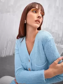 SHEIN MOD V Neck Button Front Dual Pocket Fuzzy Knit Crop Tee - Blue - View 6