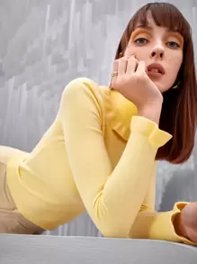 SHEIN 素色高領套頭毛衣 - 黃色 - 查看 1