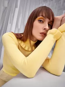 SHEIN 素色高領套頭毛衣 - 黃色 - 查看 2