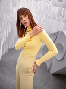 SHEIN 素色高領套頭毛衣 - 黃色 - 查看 4