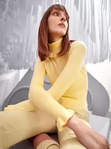 SHEIN 素色高領套頭毛衣 - 黃色 - 查看 9