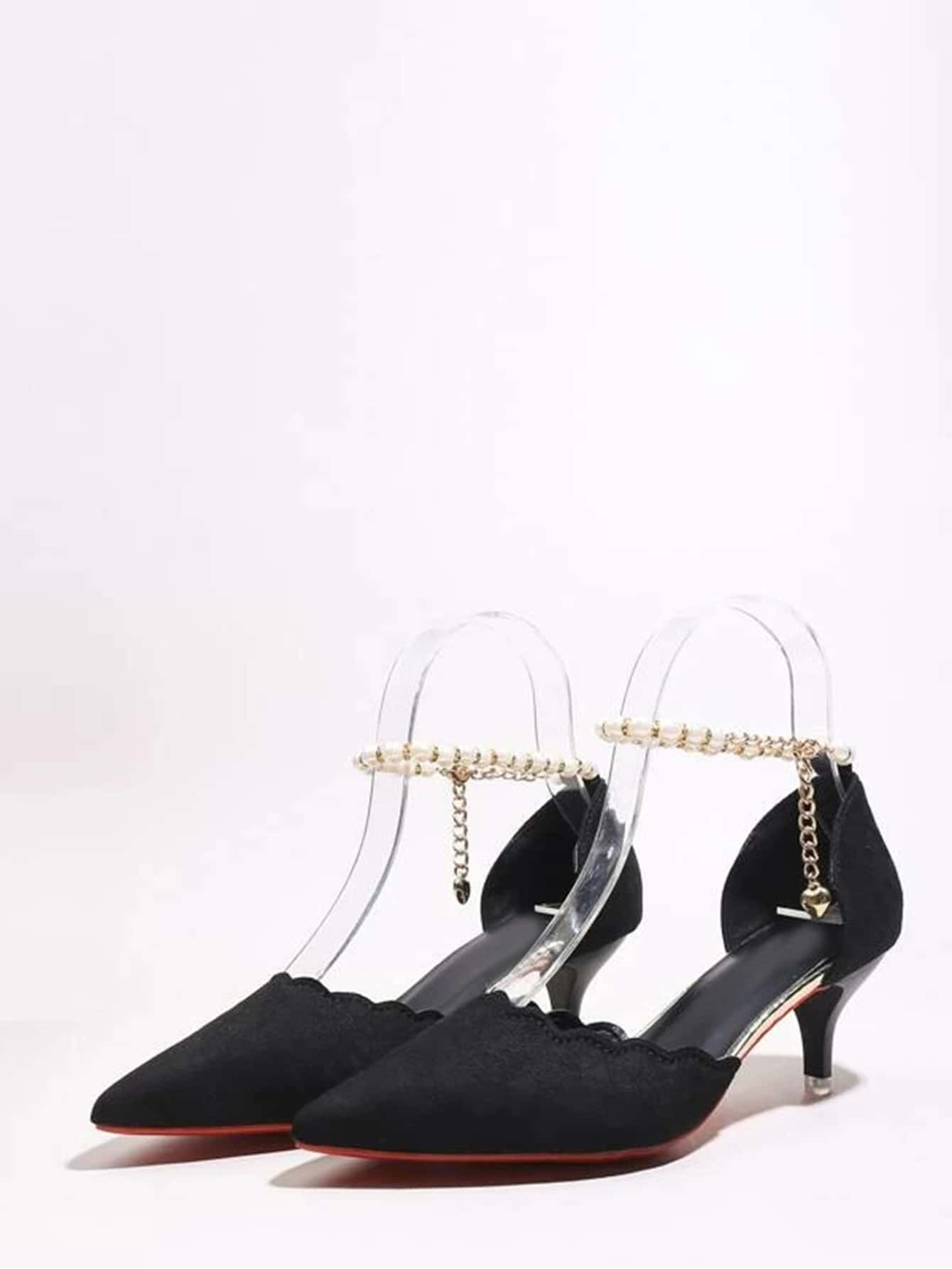 Scalloped Faux Pearl Decor Kitten Heels SHEIN USA