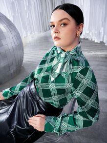 SHEIN Unity Plus Plaid Tie Neck Bishop Sleeve Blouse