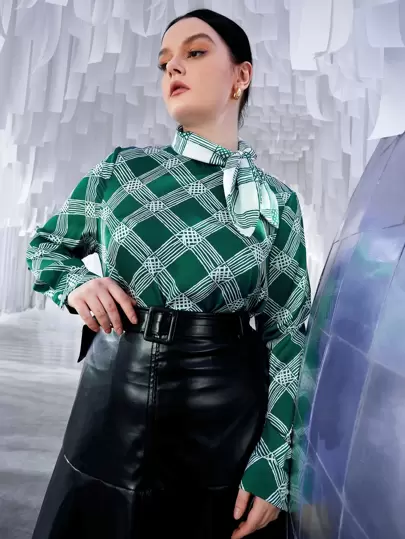 SHEIN Unity Plus Plaid Tie Neck Bishop Sleeve Blouse