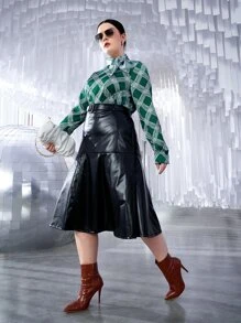 SHEIN Unity Plus Plaid Tie Neck Bishop Sleeve Blouse