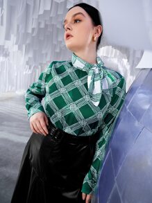 SHEIN Unity Plus Plaid Tie Neck Bishop Sleeve Blouse