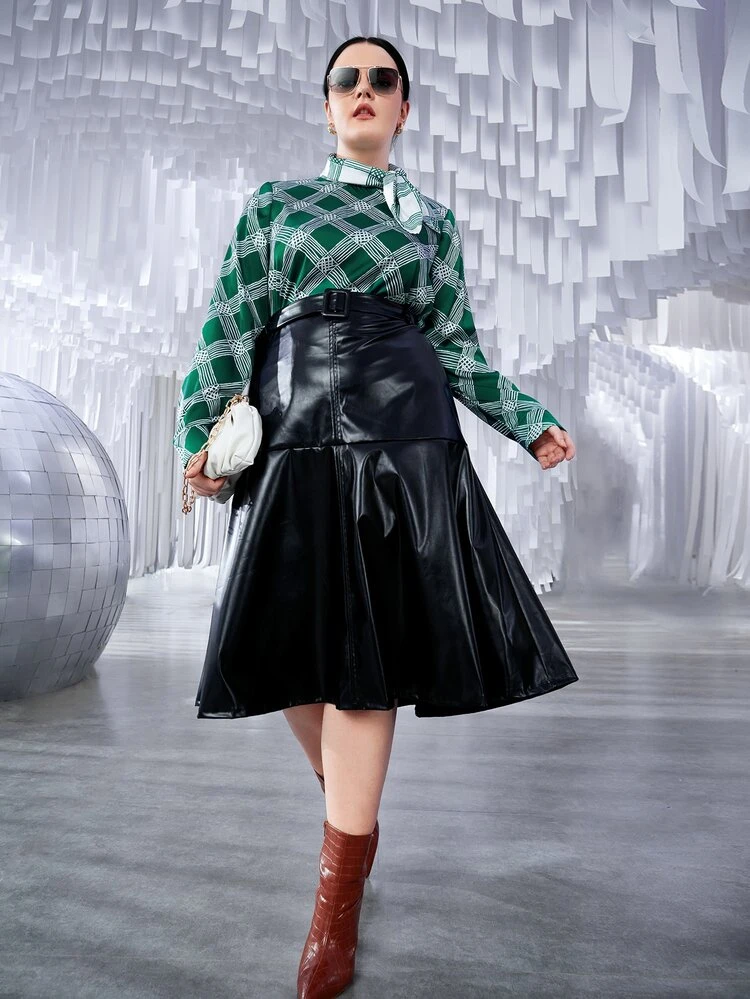 Plus Plaid Tie Neck Bishop Sleeve Blouse