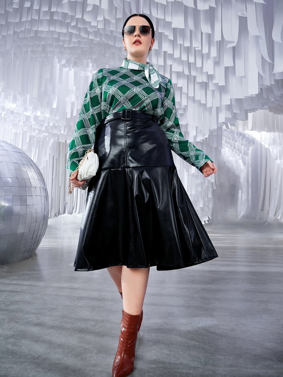 Plus Plaid Tie Neck Bishop Sleeve Blouse