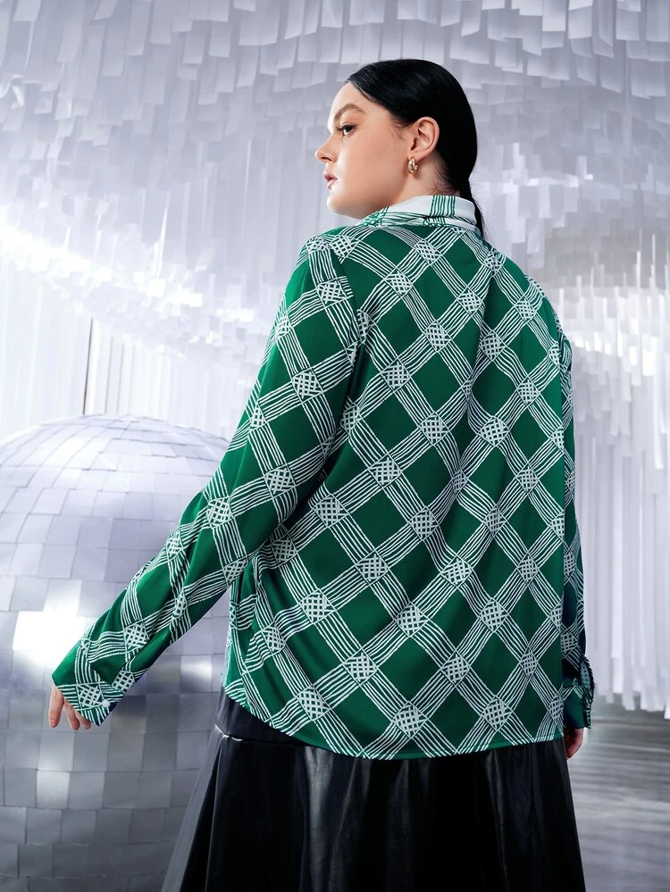 Plus Plaid Tie Neck Bishop Sleeve Blouse