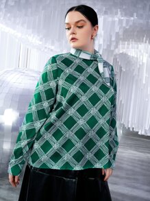 SHEIN Unity Plus Plaid Tie Neck Bishop Sleeve Blouse