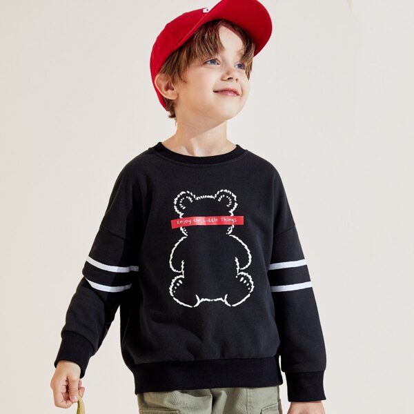

Boys Striped Slogan & Cartoon Graphic Drop Shoulder Pullover, Multicolor