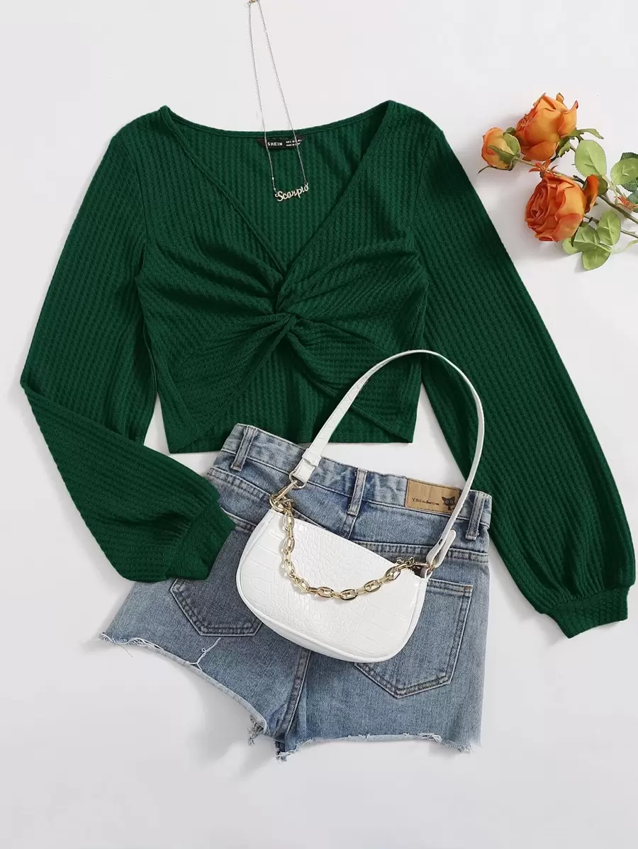 Muchica Áo thun nữ xoắn lại màu trơn Giải trí - Màu xanh lá cây đậm - Xem 1