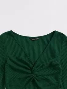 Muchica Áo thun nữ xoắn lại màu trơn Giải trí - Màu xanh lá cây đậm - Xem 4