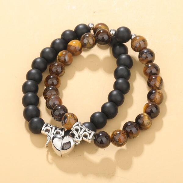 

2pcs Couple Stone Beaded Bracelet, Brown