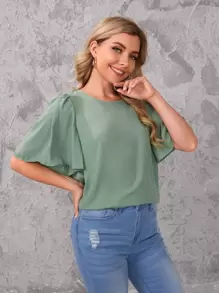 SHEIN Flutter Sleeve Solid Top - Mint Green - View 1