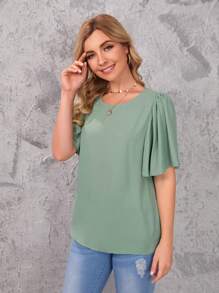SHEIN Flutter Sleeve Solid Top - Mint Green - View 3