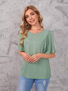 SHEIN Flutter Sleeve Solid Top - Mint Green - View 4