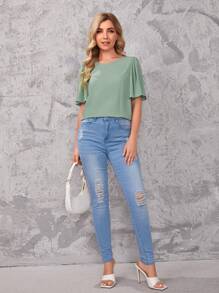 SHEIN Flutter Sleeve Solid Top - Mint Green - View 5