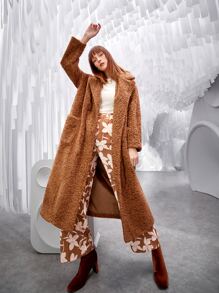 SHEIN Unity Lapel Neck Dual Pocket Drop Shoulder Teddy Coat - Coffee Brown - View 2