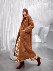 SHEIN Unity Lapel Neck Dual Pocket Drop Shoulder Teddy Coat - Coffee Brown - View 3