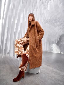 SHEIN Unity Lapel Neck Dual Pocket Drop Shoulder Teddy Coat - Coffee Brown - View 4