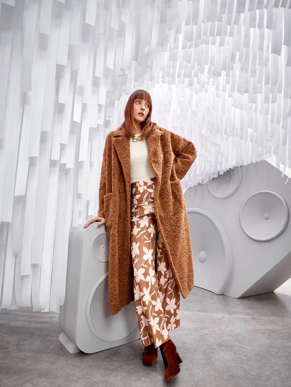 SHEIN Unity Lapel Neck Dual Pocket Drop Shoulder Teddy Coat