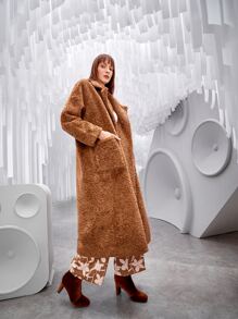 SHEIN Unity Lapel Neck Dual Pocket Drop Shoulder Teddy Coat - Coffee Brown - View 5