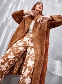 SHEIN Unity Lapel Neck Dual Pocket Drop Shoulder Teddy Coat - Coffee Brown - View 7