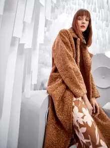 SHEIN Unity Lapel Neck Dual Pocket Drop Shoulder Teddy Coat - Coffee Brown - View 8