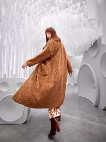 SHEIN Unity Lapel Neck Dual Pocket Drop Shoulder Teddy Coat - Coffee Brown - View 9