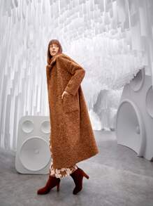 SHEIN Unity Lapel Neck Dual Pocket Drop Shoulder Teddy Coat - Coffee Brown - View 10