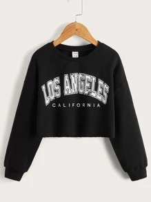 SHEIN Leap Crew Tween Girl Casual Long Sleeve Letter Print Dropped Shoulder Sweatshirt,In Fall/Winter - Black - View 1