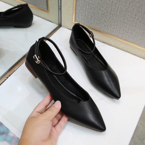 

Minimalist Ankle Strap Leather Flats, Black