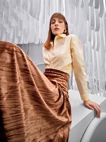 SHEIN Unity 素色傘狀絲絨半身裙 - 棕色 - 查看 3