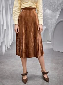 SHEIN Unity 素色傘狀絲絨半身裙 - 棕色 - 查看 2