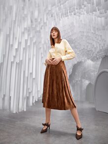 SHEIN Unity 素色傘狀絲絨半身裙 - 棕色 - 查看 4