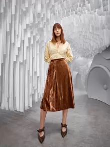 SHEIN Unity 素色傘狀絲絨半身裙 - 棕色 - 查看 1