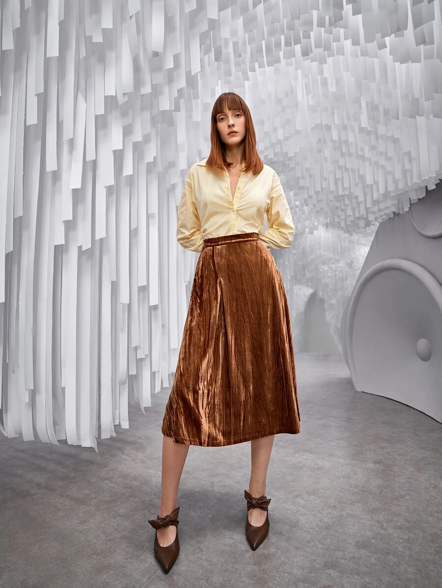 SHEIN Unity 素色傘狀絲絨半身裙 - 棕色 - 查看 1