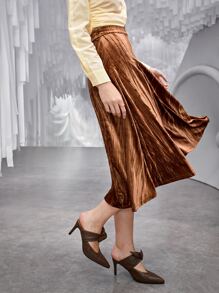 SHEIN Unity 素色傘狀絲絨半身裙 - 棕色 - 查看 5
