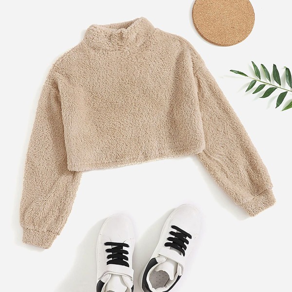 

Girls Mock Neck Drop Shoulder Teddy Pullover, Apricot