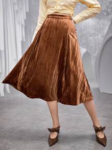SHEIN Unity 素色傘狀絲絨半身裙 - 棕色 - 查看 9